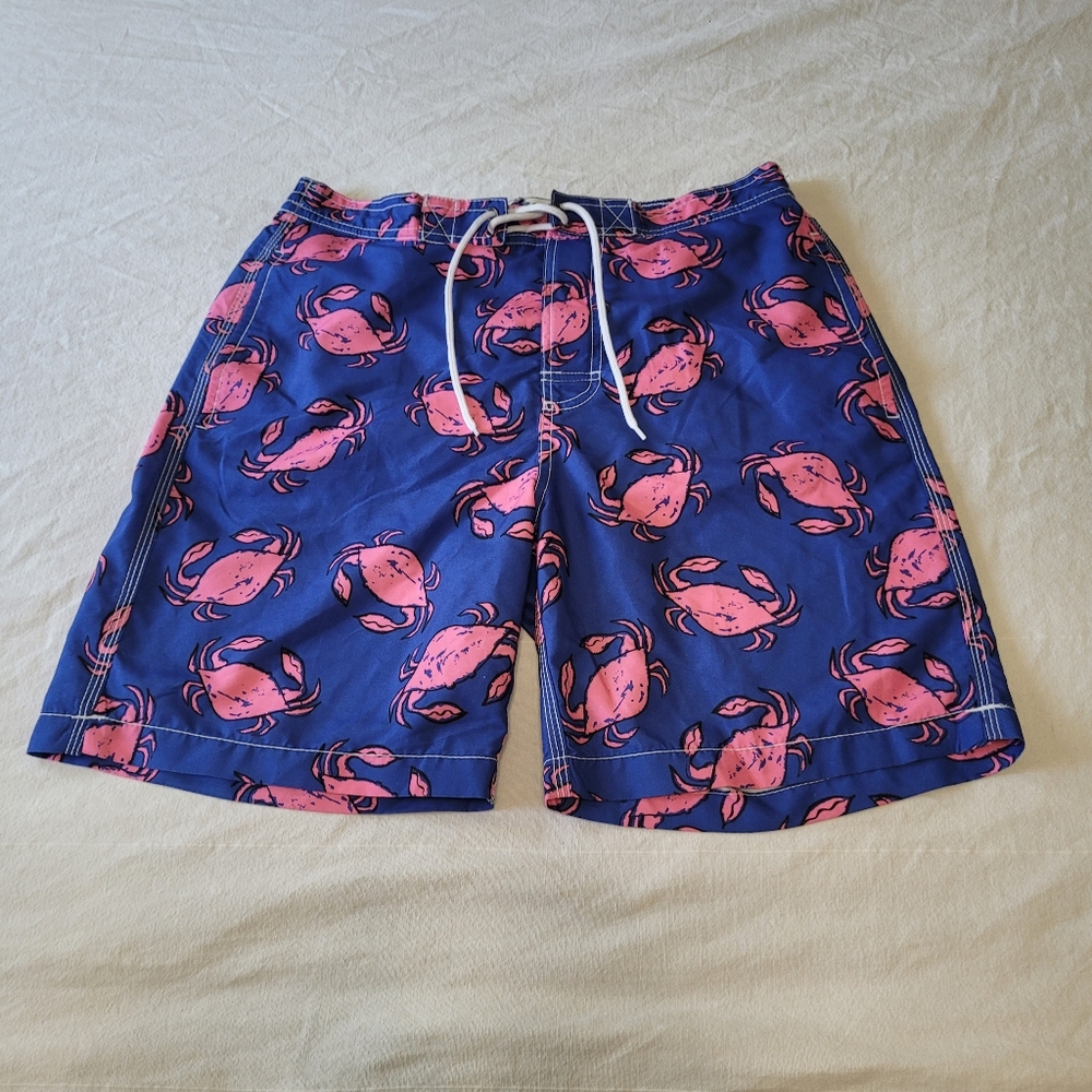 TRUNKS Surf & Swim Co. Swim Trunks Men's Medium Pink Crab Print Blue Drawstring